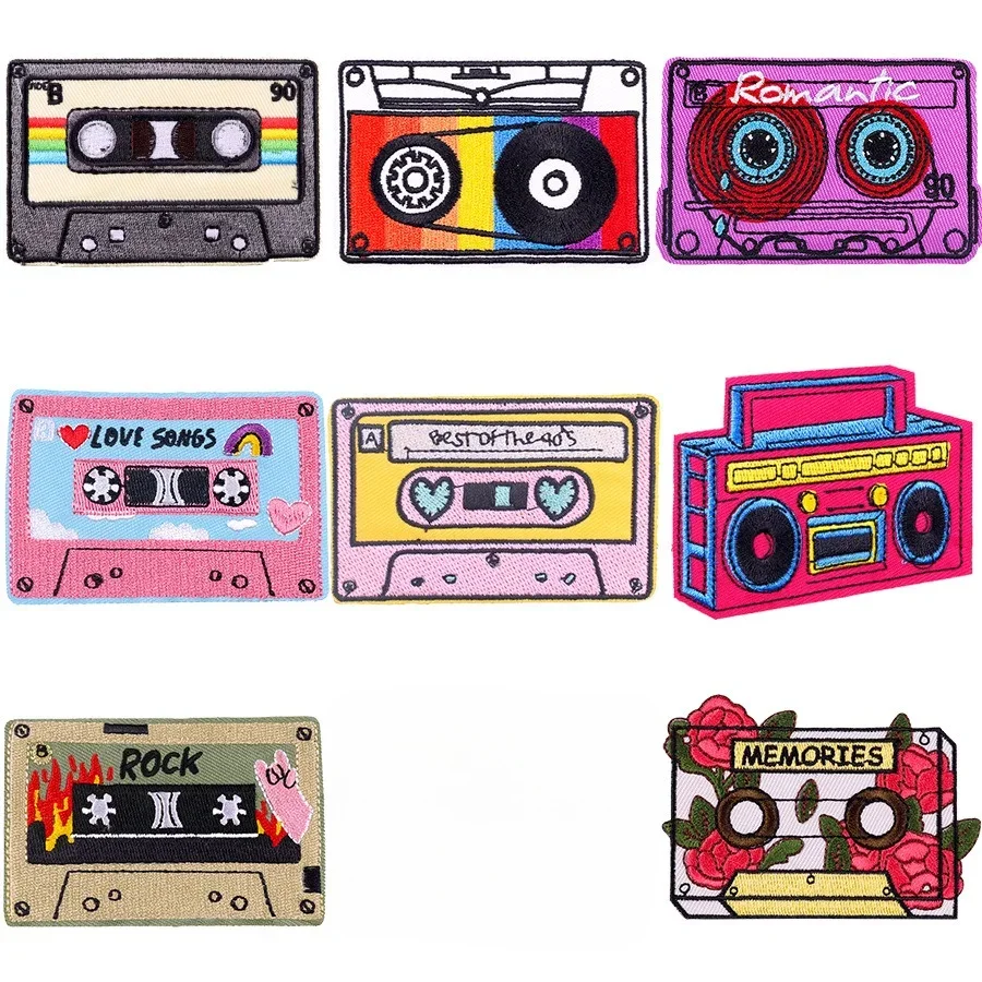 Radio Cassette Embroidery Patches Iron on Retro Music Tapes Appliques Video Tape Nostalgia Thermo Sticker for DIY Clothes Sewing