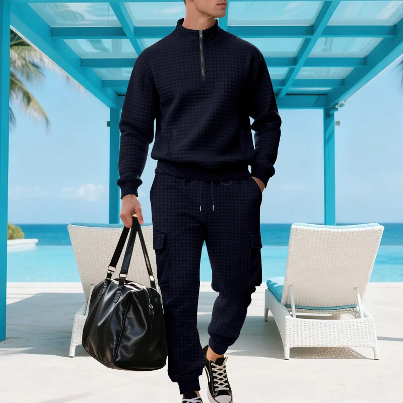 Heavyweight Autumn Winter New Men's Suit American Jacquard Check Loose Casual Stand Collar Workwear Long Pants Sweatshirt Set