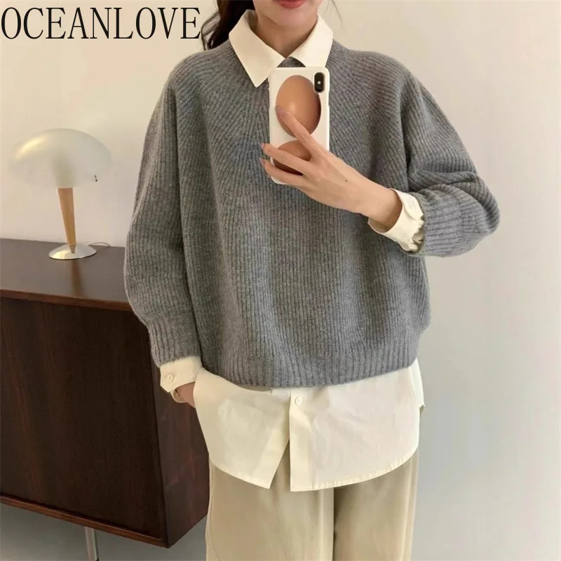 

OCEANLOVE осенне-зимняя одежда, женские свитера, однотонные теплые свободные пуловеры, корейская мода, простые элегантные женские пуловеры в стиле ретро