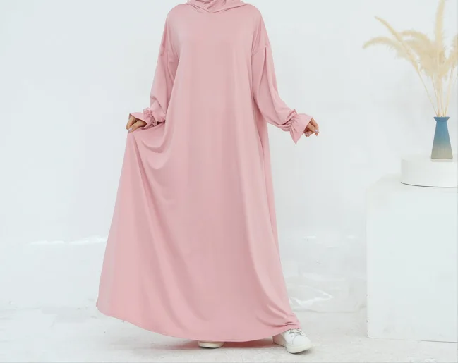 Novo design cor sólida elástico jérsei capuz abaya islâmico jilbab feminino moletom com capuz abaya vestidos muçulmanos para ramadan
