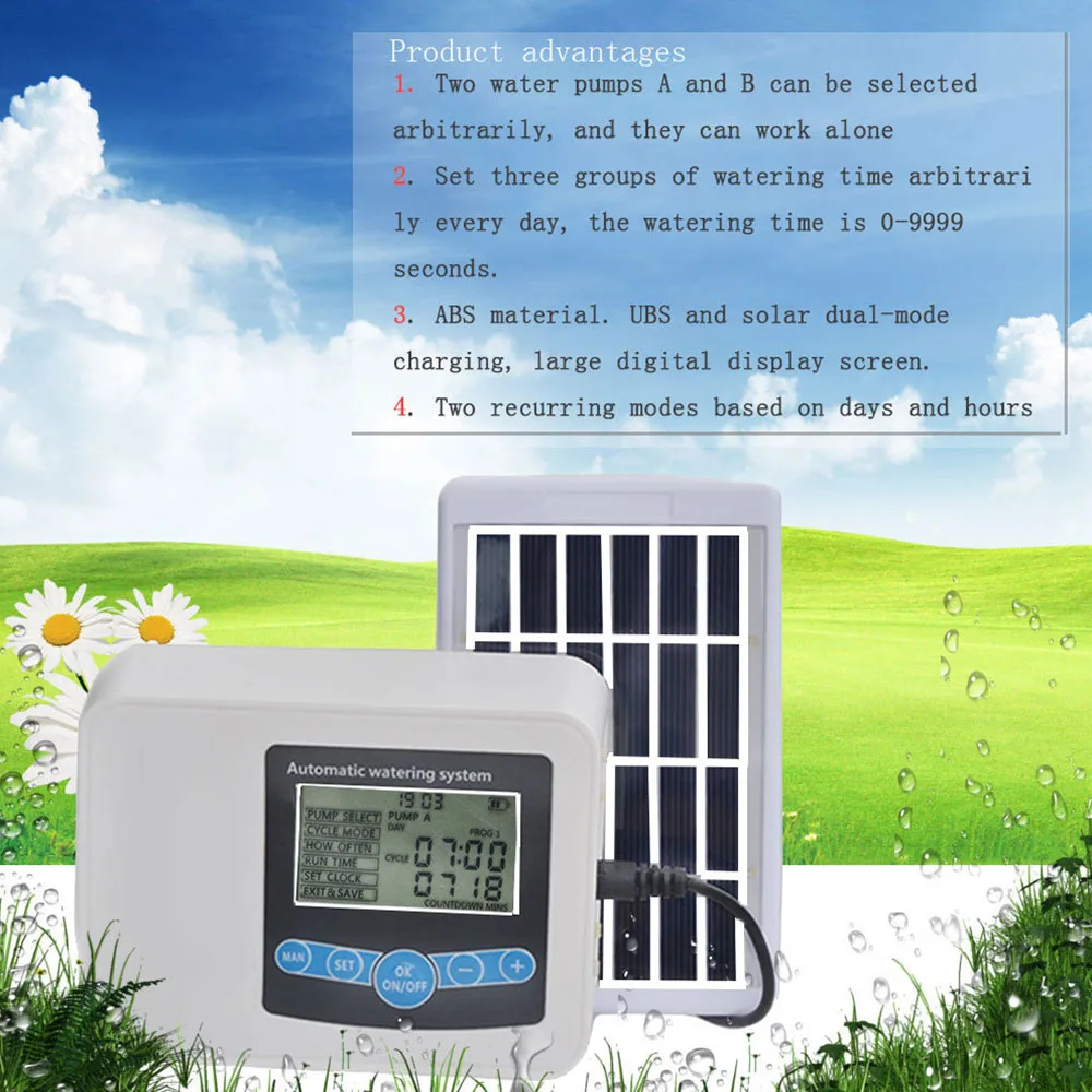 Dual Pump Smart Drip System Timer Garden Automatic Solar Energy Charging Watering System for Potted Plant Flowers