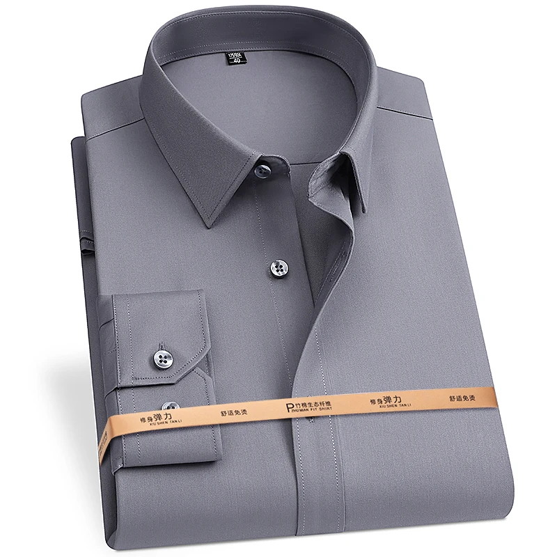 Haute qualité 8XL fibre de bambou hommes chemise décontracté à manches longues coupe ajustée bureau classique couleur unie bleu blanc chemises hommes à manches longues
