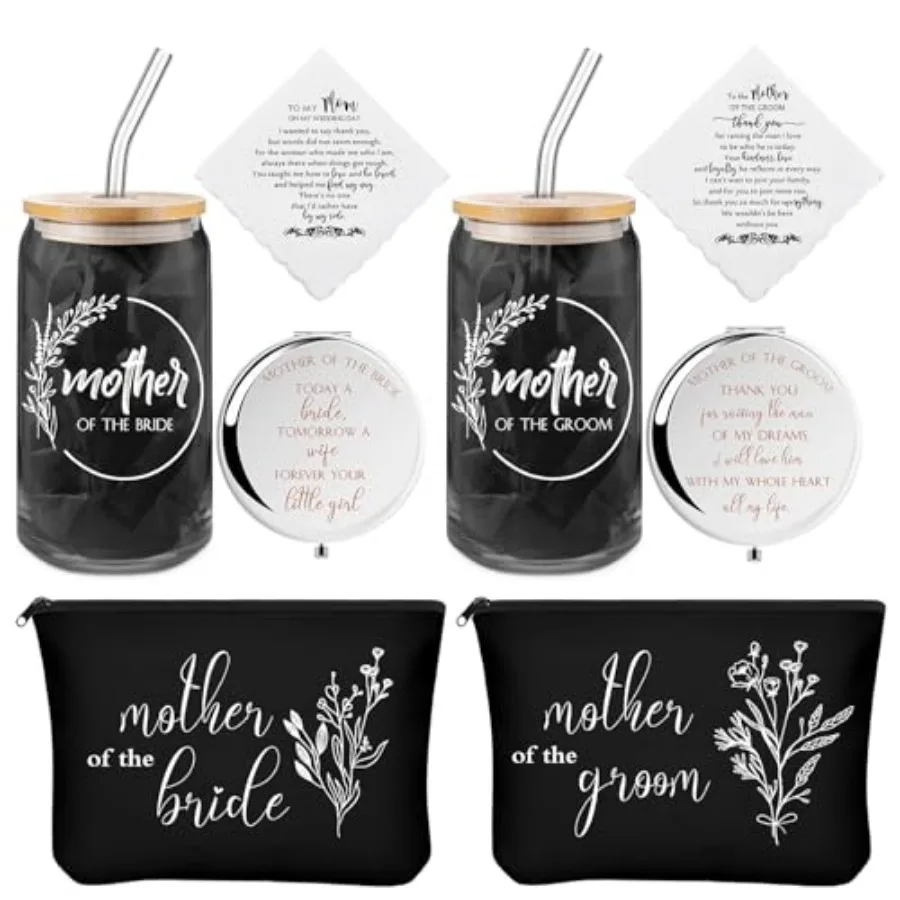 

8 Pack Mother of the Bride Groom Gift Set - Includes 16oz Glass Cup Cosmetic Make up Bag Pocket Mirror Handkerchief, Engagement
