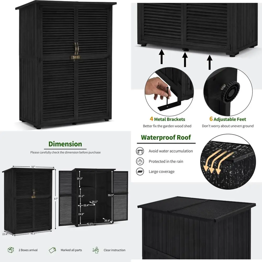 

MCombo Шкаф для хранения на открытом воздухе, деревянная навеска для хранения с защелкой, навес для садовых инструментов с 2 дверцами для газона в патио, 1900 г.