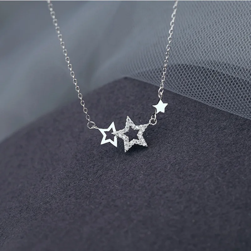 New 925 Silver Inlaid Zircon Star Necklaces for Women Sweet and Cute Pendant Choker Fashion Creative Silver Color Jewelry Gift