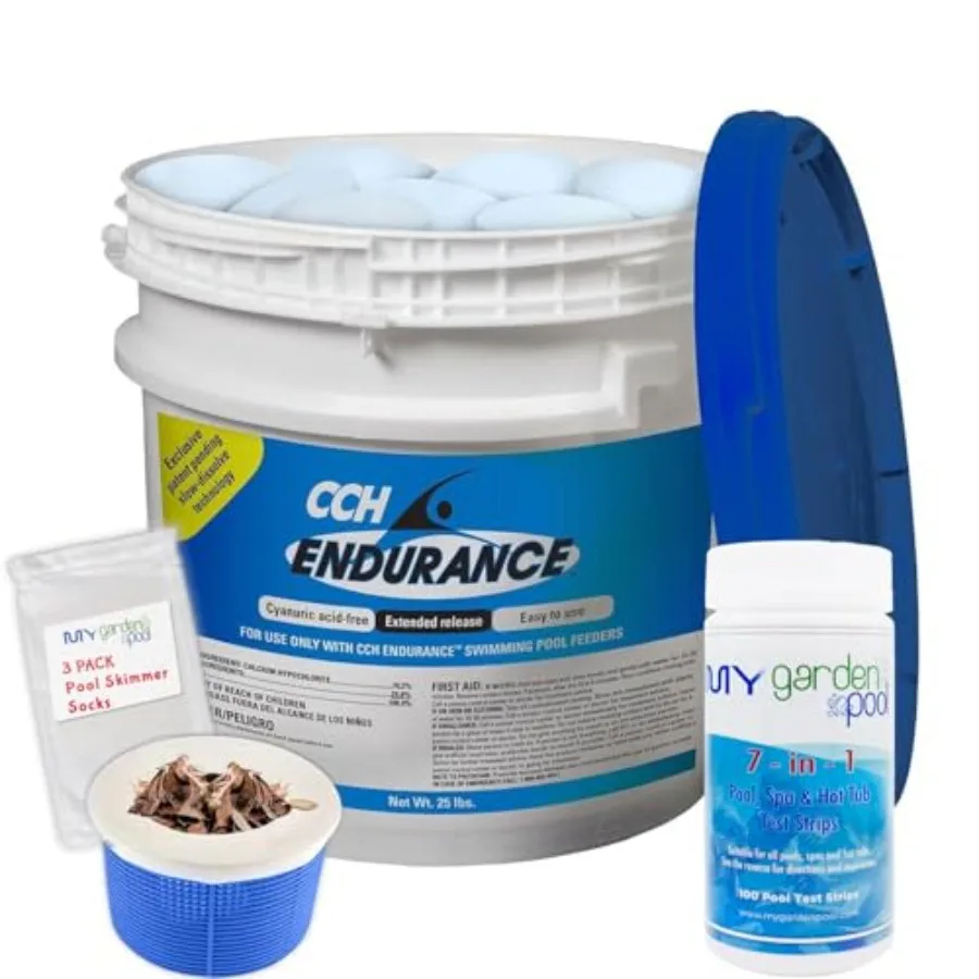 Kit completo de cuidado de piscinas con pestañas de hipoclorito de calcio de 3 pulgadas, calcetines para espumadera de 25 libras y tiras reactivas 7 en 1 para un agua efectiva