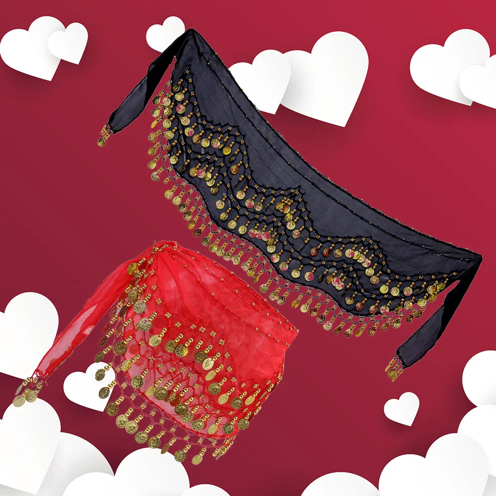 2 قطعة سلسلة الخصر الرقص الشرقي 128 عملات الورك وشاح تأثير الصوت زي ملحق وشاح أسود الرقص الورك تنورة