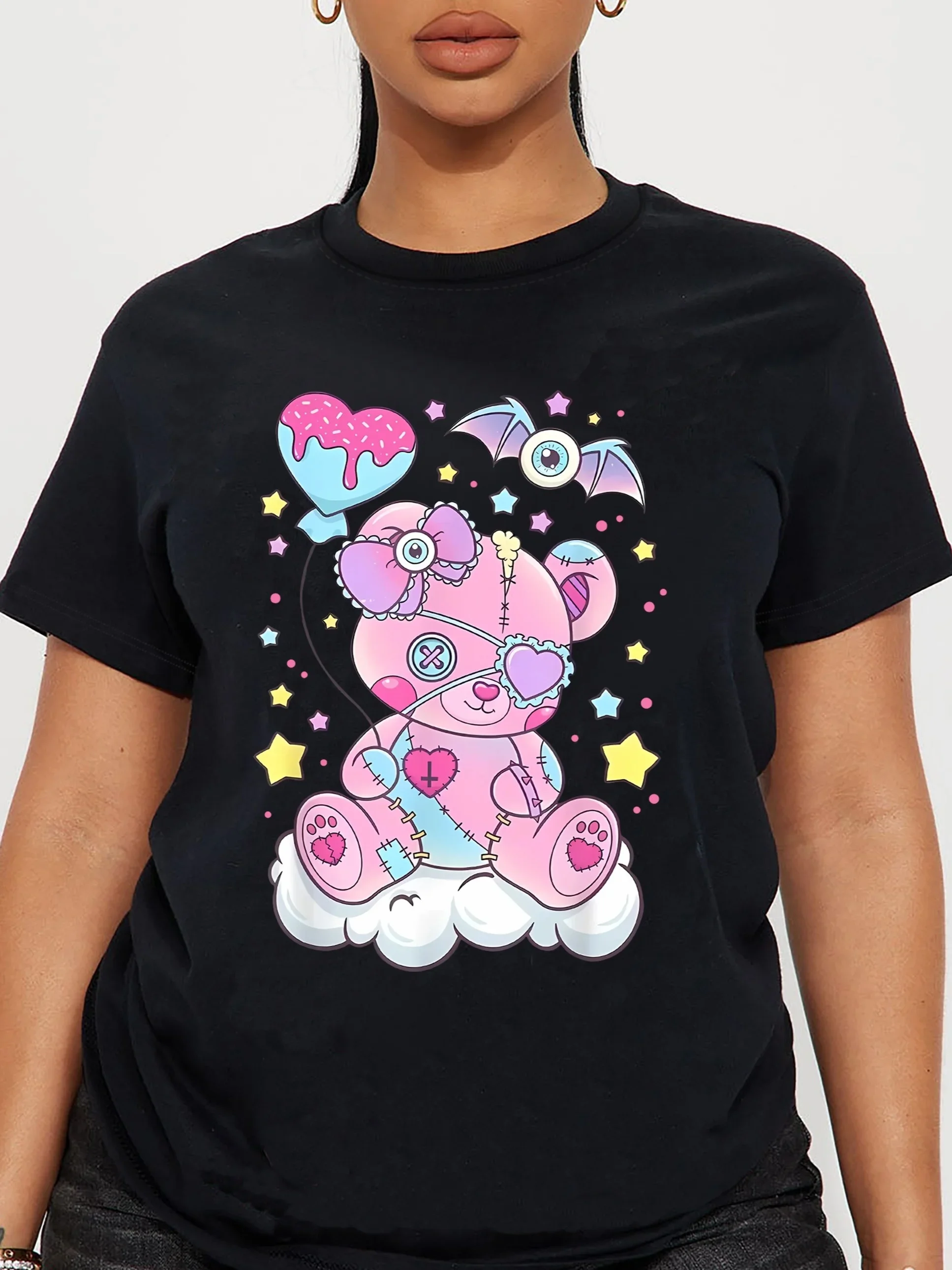 Kawaii Sweet Pink Teddy Bear Printed Women T-Shirts Breathable Soft Clothes Summer Fashion Tee Shirts O-Neck Loose Streetwear