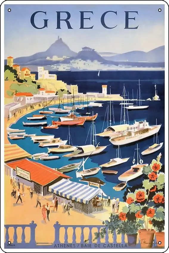 1955 Greece Athens Bay of Castella Travel Poster Poster Metal Tin Sign Fun Home Art Wall Decor 8x12 Inch