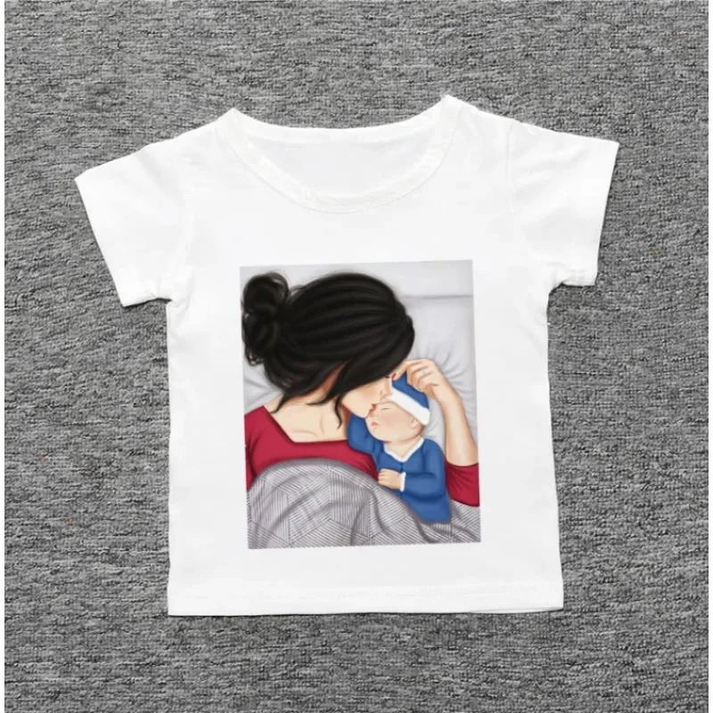 Rainha mãe e filha camiseta, bonito, bonito, tops de manga curta, roupas impressas para crianças, meninas e meninos, roupas de verão