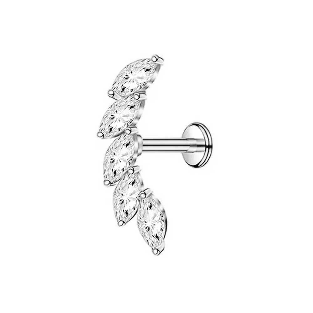 ASTM F136 G23 Titanium Flower Petals Threadless Labret Piercing CZ Pin Push in Lip Stud Conch Daith Earring 16G 18G 20G
