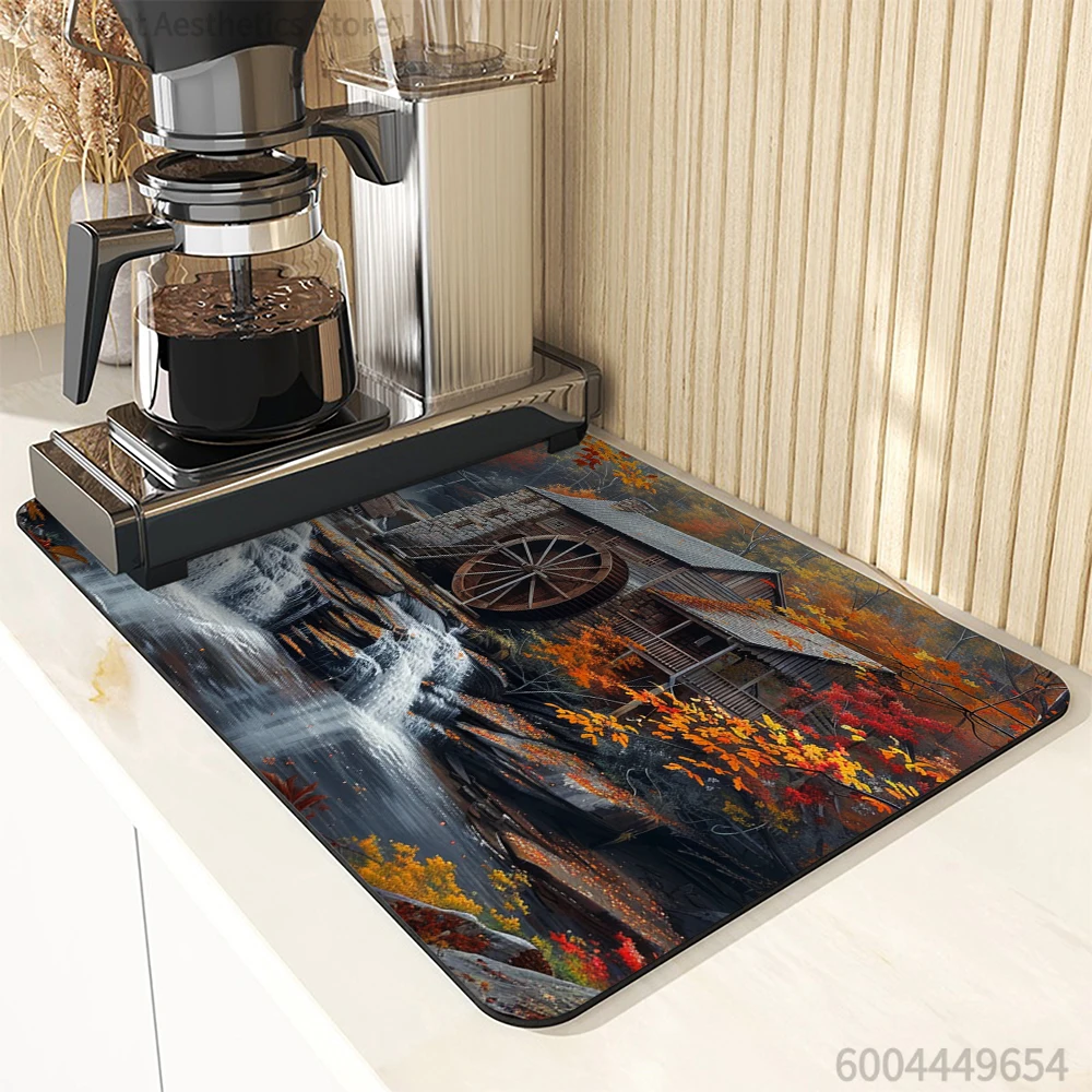 Absorbent Tableware Dish Drying Mats Scenery River Desk Drain Pad Heat Resistant Counter  Mat Non-slip Draining Placemat Kitchen