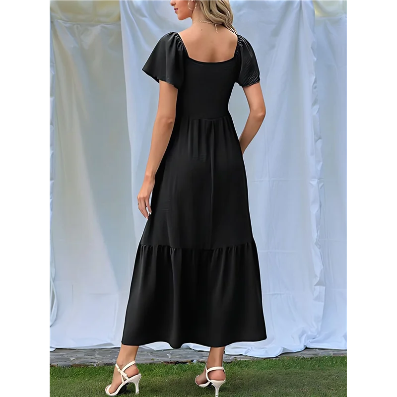 A09P Damska Letnia Sukienka Midi z Kwadratowym Dekoltem, Falbankami na Rękawach, w Stylu Boho, Marszczona, Rozkloszowana, Zwiewna, Warstwowa, Skromna, z Kieszeniami