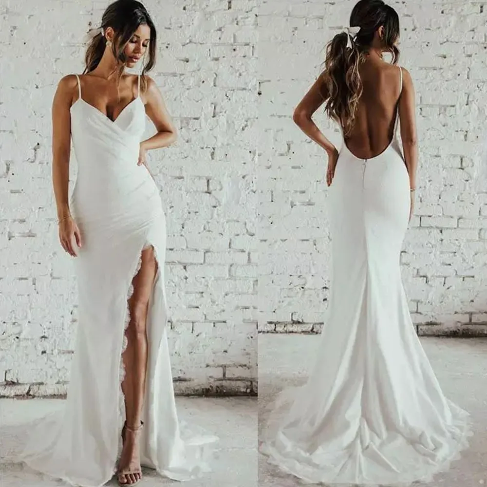 Vestido de noiva sexy com cintas de espaguete, Vestido de noiva sem costas, Trem com apliques de renda