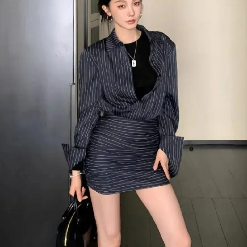 Vestido camisero japonés para mujer, minivestido informal ajustado Y2k a rayas, para fiesta de noche, oficina, manga larga, ropa Vintage americana de los años 2000