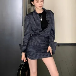 Japan Shirt Dress Women Casual Slim Y2k Striped Mini Dress Evening Party Office Lady Long Sleeve 2000s American Vintage Clothes