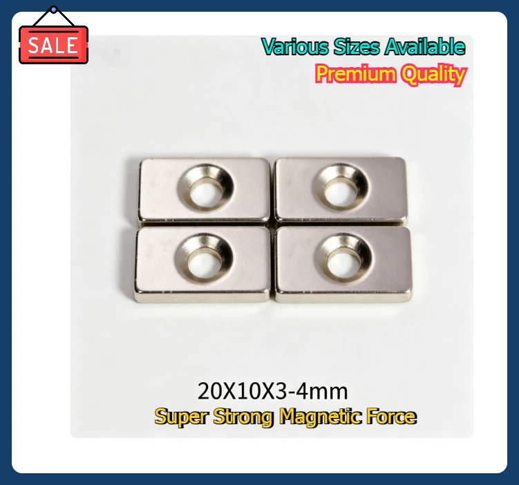 20x10x3-4mm 4mm Hole Powerful Block Magnet 20103-4 Bulk Sheet Permanent NdFeB Magnet For Hardware & Cabinet Repair