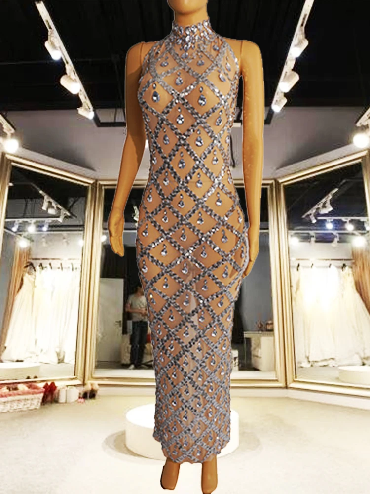 Vestido de sirena con piedras plateadas, ropa sin mangas con cuello Halter, para baile de salón, Festival de noche, fiesta de graduación,