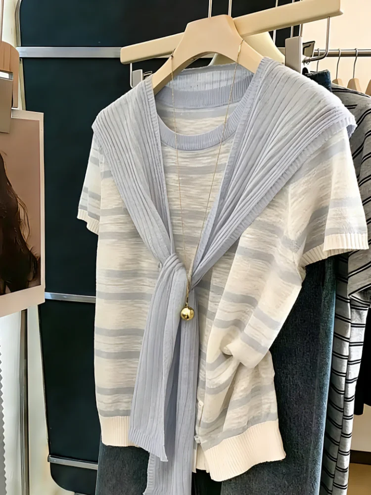 

Blue Striped Knitted Short Sleeve T-Shirt Women's Summer New Style Thin Shoulder Pad Commute Korean Version Straight Tube Sil...