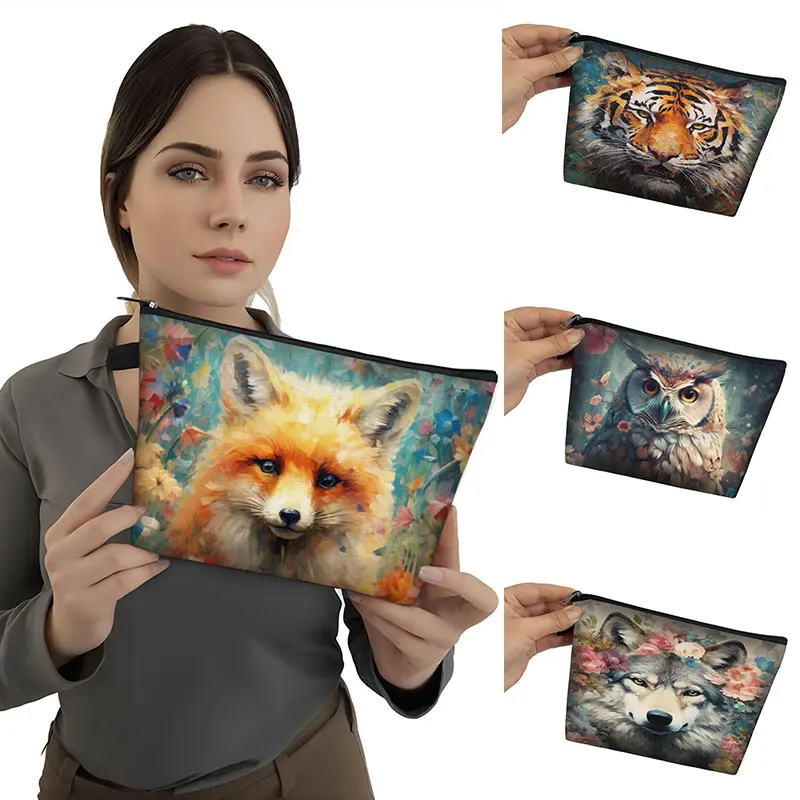 Cute Animal Tiger Fox Wolf Cosmetic Case Women Make Up Bags Kawaii Owl Pouch Lipstick Bag Napkin Organizer Toiletry Storage Bags