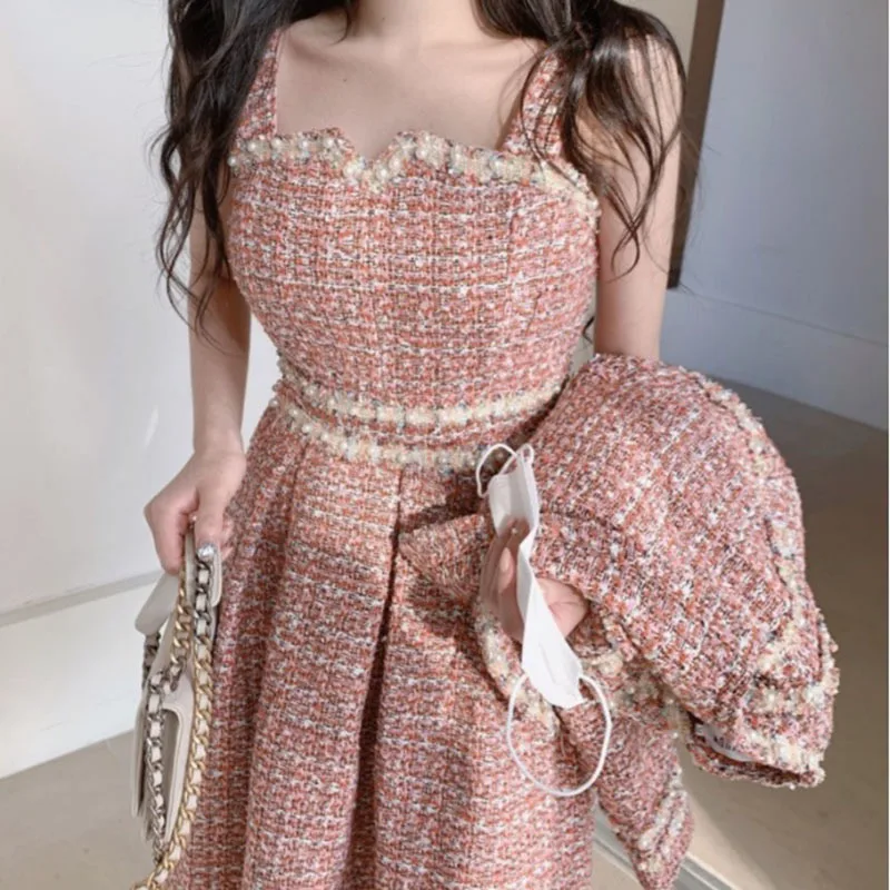 New 2024 Autumn High Quality Women 2 Piece Set Tweed Short Jacket Coat+Beading Vest Dress Elegant Fashion Party Dresses 2 Sets