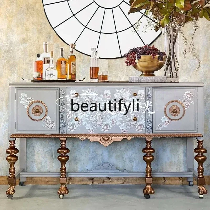 

yj5 Vintage Solid Wood Carved Entryway Cabinet American Style Painted Floral Decorative Cabinet Wall-Mounted Storage Cabinet