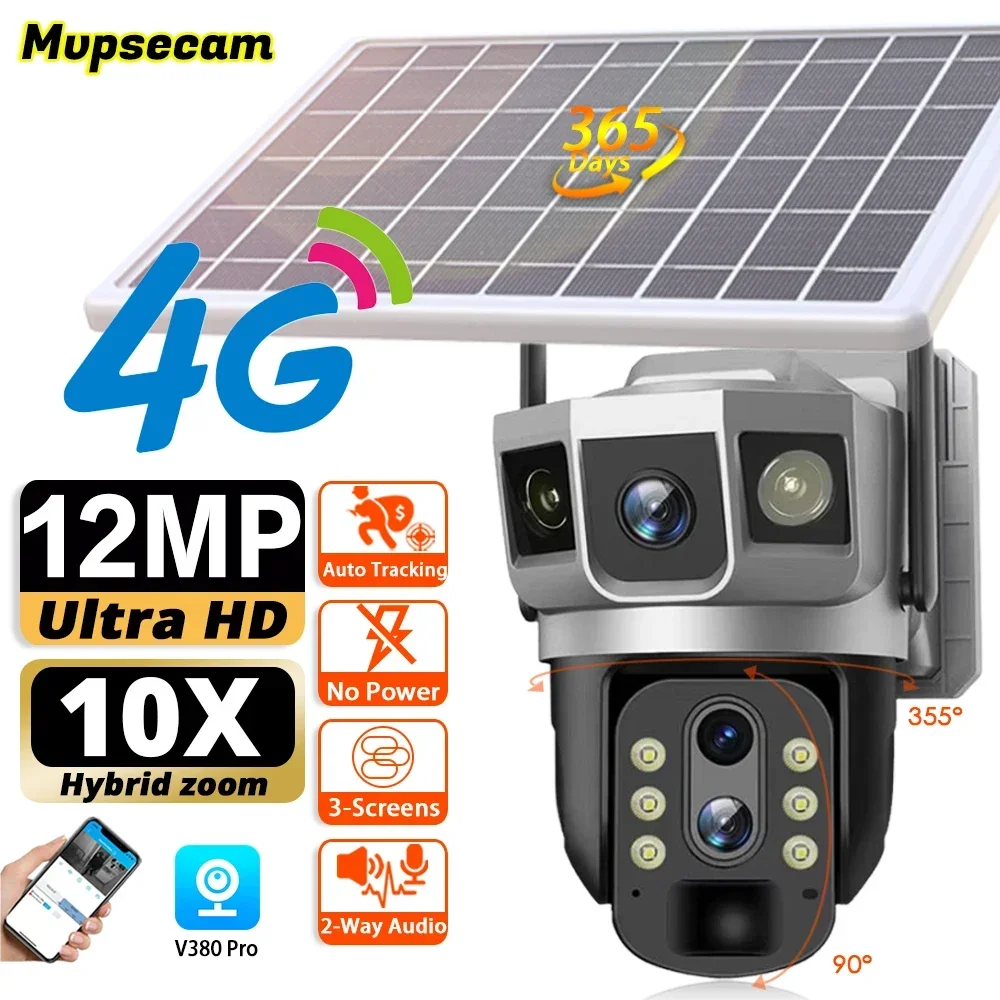 Smart Solar Camera 4G Sim Outdoor Three Lens WiFi 12MP 6K IP Camara Solar Panel CCTV Security Built in Battery PIR Cameras V380