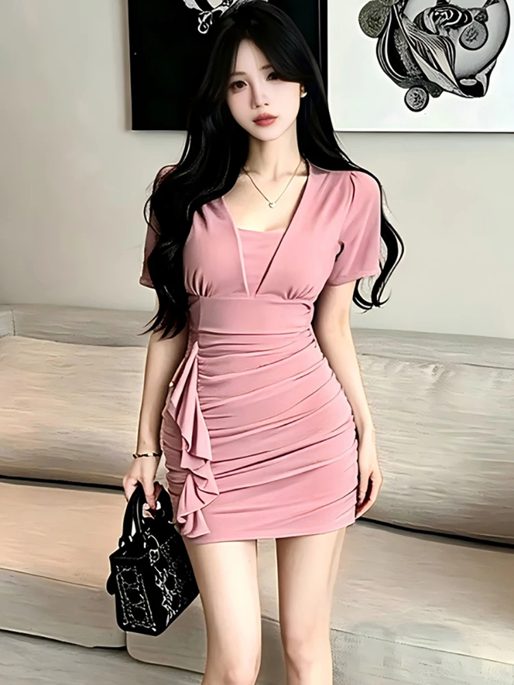 Summer Pink Short Sleeve V-Neck Casual Dress Women Pleated Bodycon Patchwork Ruffled Dress 2026 Korean Fashion Festival Dresses
