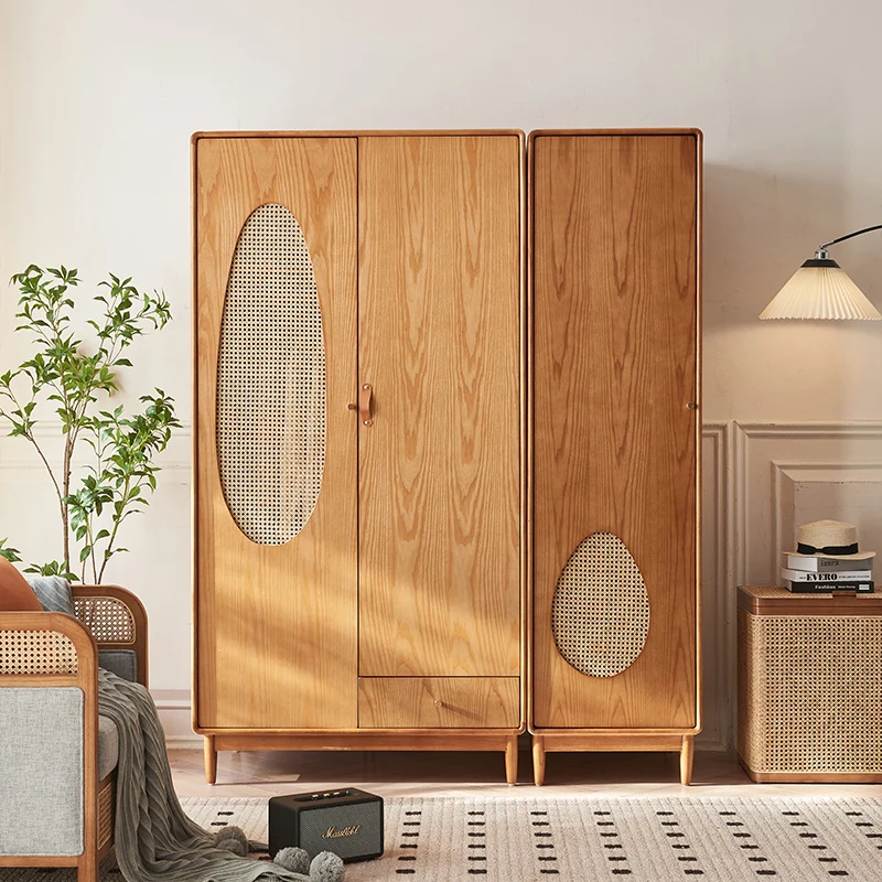 Solid wood wardrobe, small household bedroom, simple and modern storage, Nordic rattan woven large wardrobe