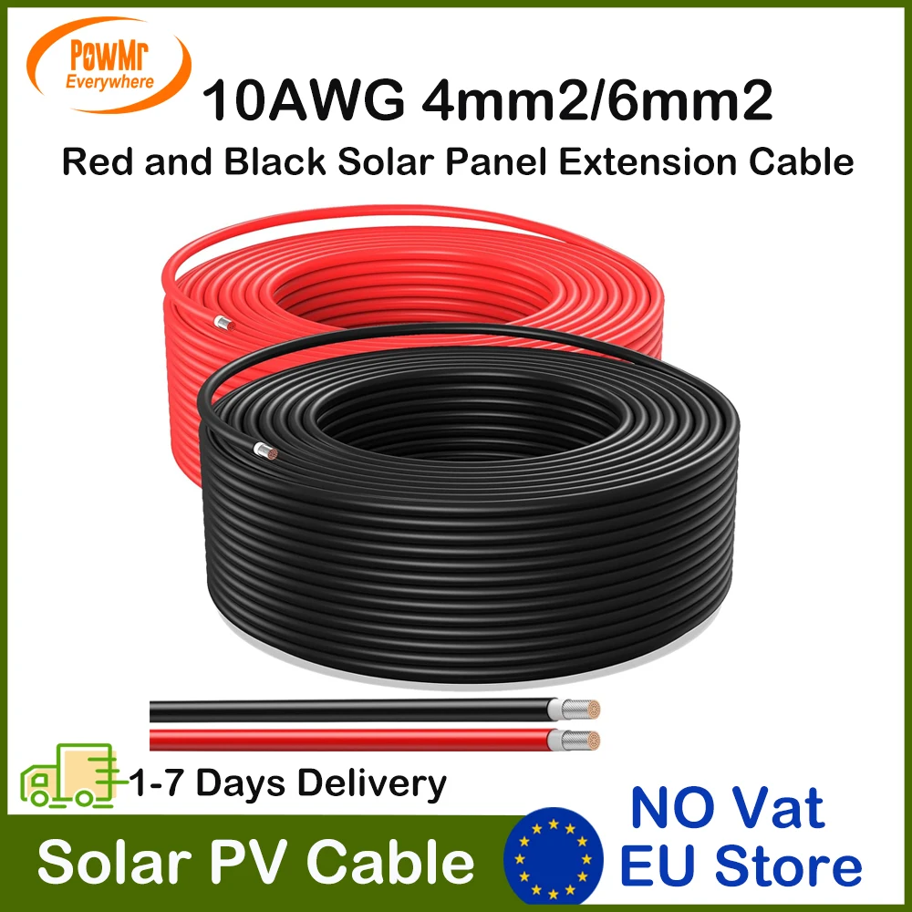 PowMr 10AWG 4mm2/6mm2 25M 30M 50M 100M câble d'extension de panneau solaire rouge et noir connexion PV câble solaire fil Stock ue