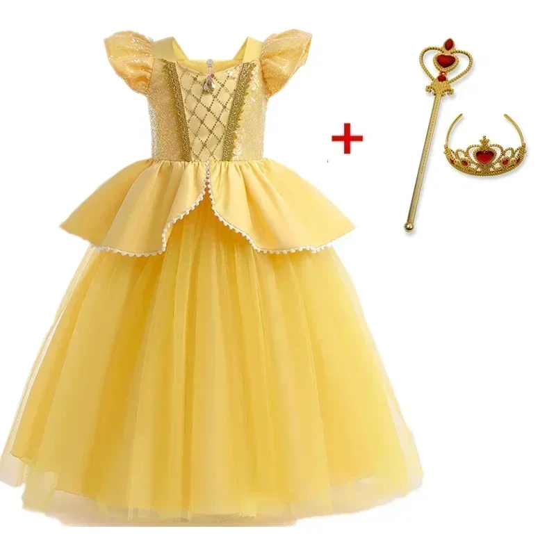 2024 Belle Girls Elsa Dress Children Princess Carnival Dress Kids Jasmine Rapunzel Flower Disguise Cosplay Christmas Costume