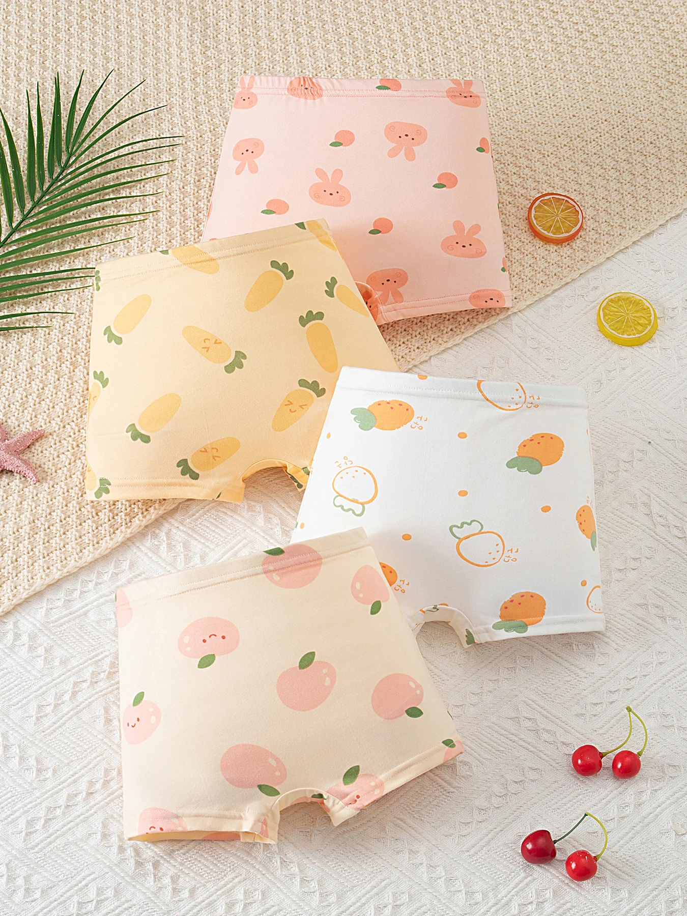 4-Piece Set of Four Season Girls' Cute Fruit Printed Underwear, Comfortable Four Cornered Pants, Children's Sweet Home Pants