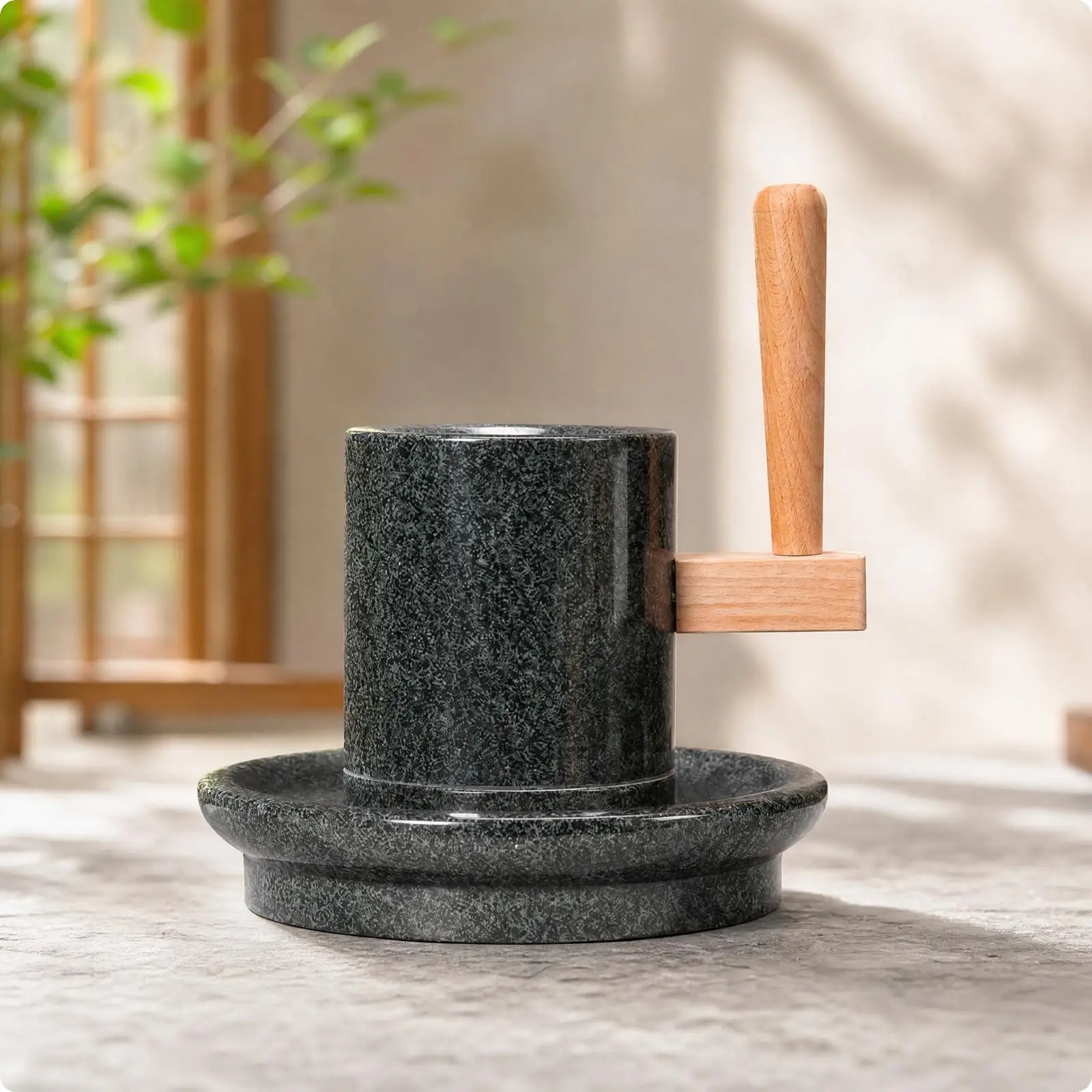 Manual Bluestone Mill for Grinding Tea Matcha Spices with Wooden Handle Ceremony Kitchen