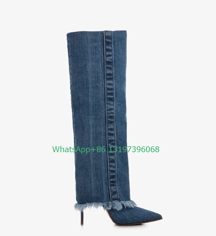 

Lady blue denim cuffed boots sexy daily causal high heels boots cowboy knee boots elegant pointed toe jeans boots footwear size