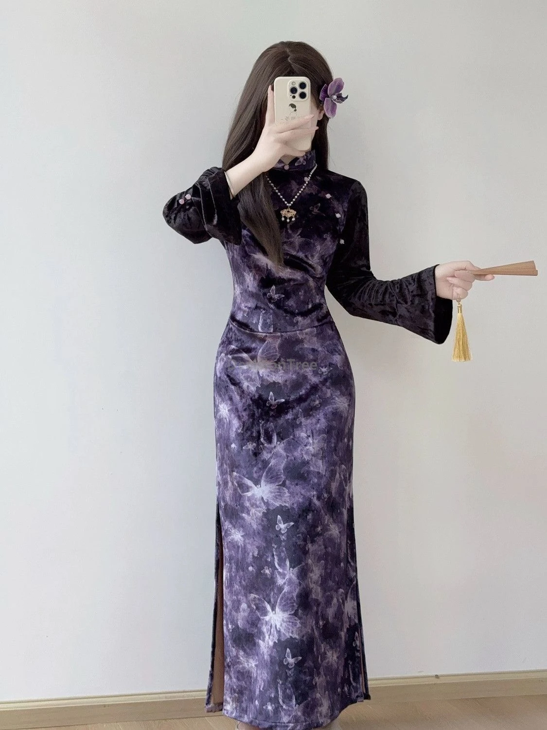 2025 مطبوعة الأرجواني تشيباو الخريف الشتاء طويلة الأكمام المخملية تشيباو النمط الصيني الجديد سليم المناسب الخصر cinching الرجعية شيونغسام #2