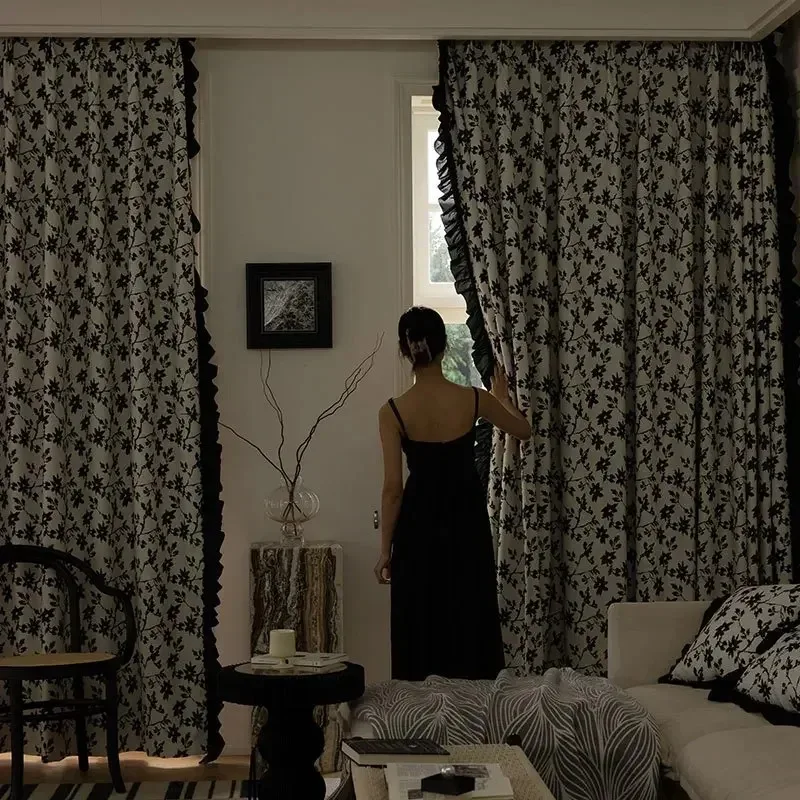 

Custom Size Fashion Luxury European Black Fabric Retro Shading Curtains for Living Dining Room Custom Size Bedroom White Tulle