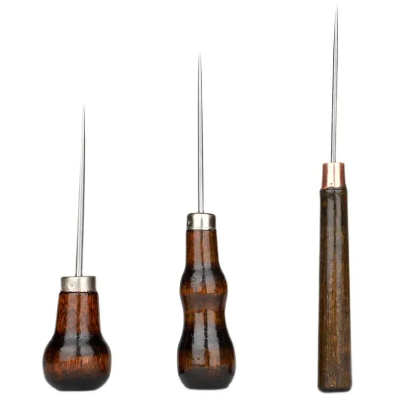 Sewing Awl with Wooden Handle, Scratch Stitching Pin, Punch for Sewing Shoes Repair Tool, Hand Stitcher, Leather Craft Awl, 3Pcs