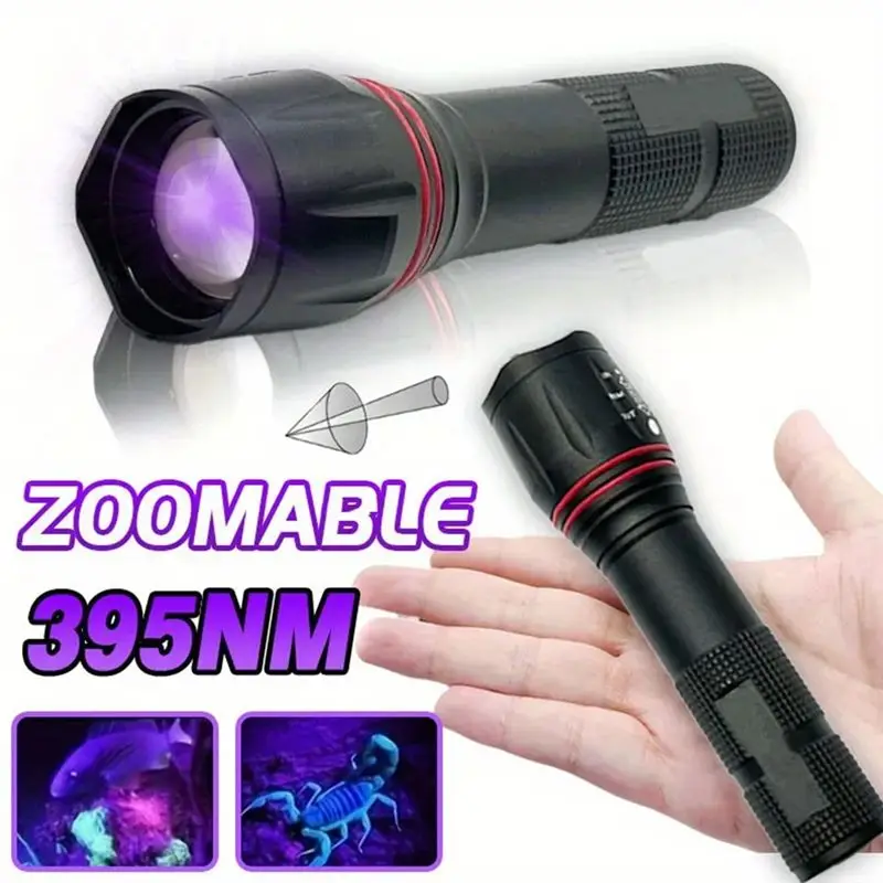 AT02-UV Flashlight 395Nm LED Rechargeable Zoomable Light For Pet Stain Detector Tools Lantern Money Fluorescent Detector