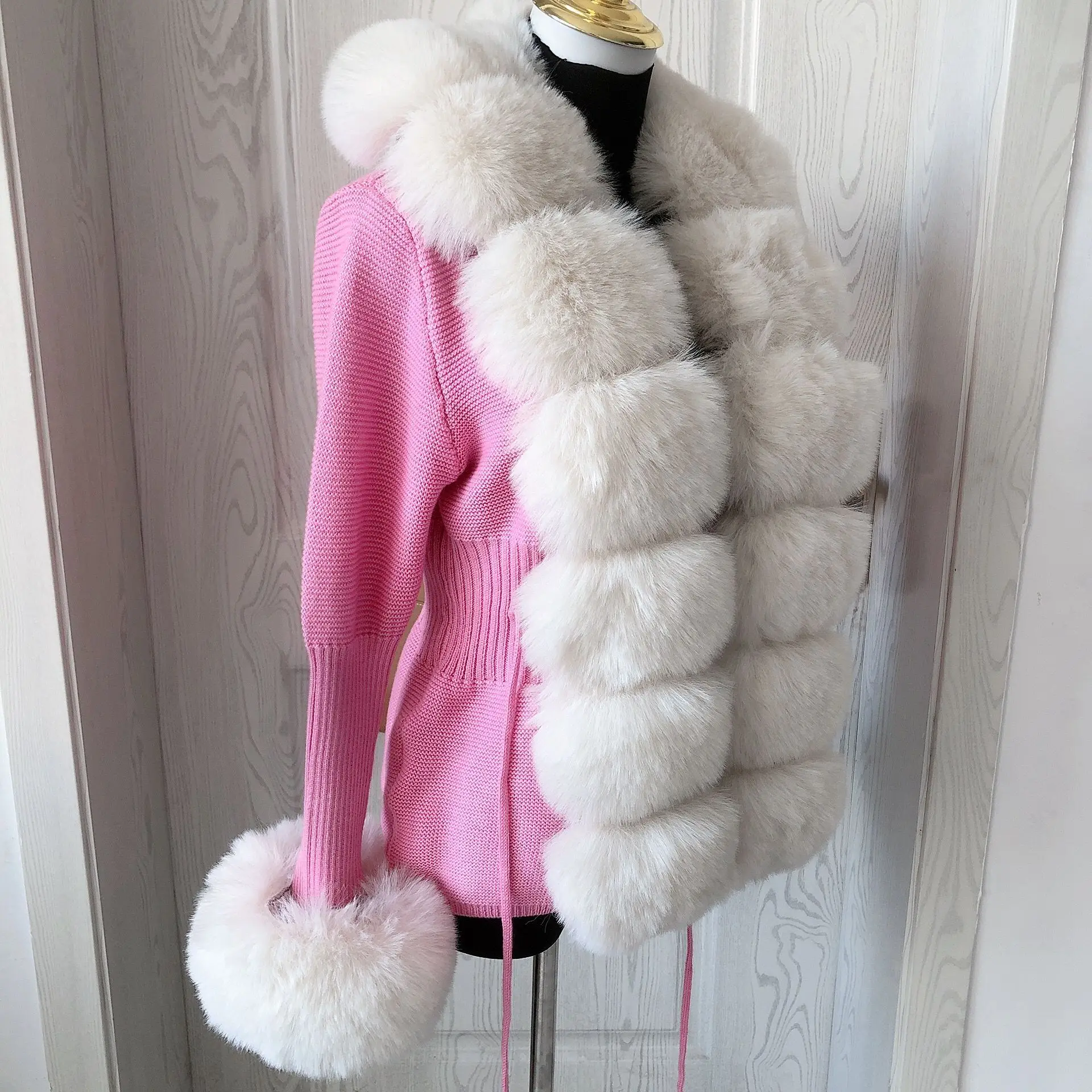 Damen Crop-Cardigan Frühling Herbst Bestseller Kunstfell Strickjacke mit Kunstfuchsfell-Kragen für Damen – Detail 8