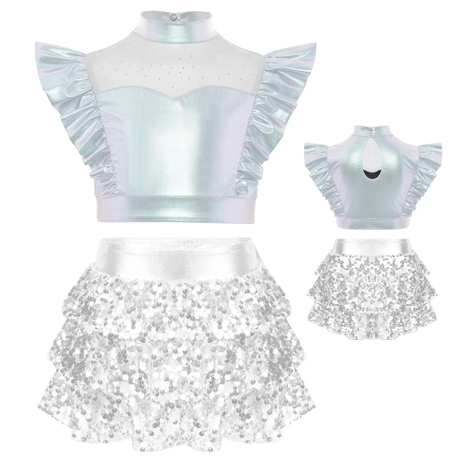 Tenue de danse de rue latine Jazz pour filles, haut court en maille à volants métalliques avec paillettes brillantes, jupe-culotte à volants à plusieurs niveaux