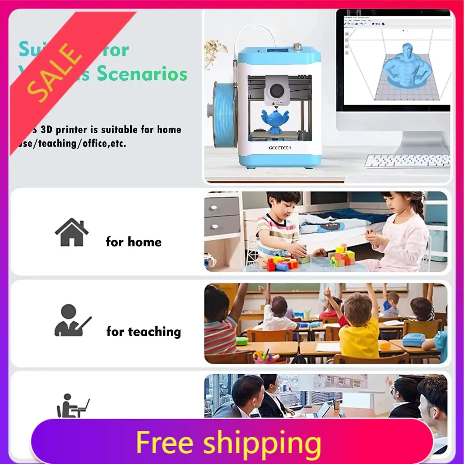 Geeetech Smart 3D Printer for Kids and Beginners, WiFi Mini 3D Printers with App Control, High Speed and Quality Printing, Fully