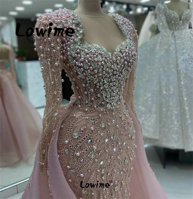 Elegant Pink Full Beaded Pearls Engagement Dress Long Sleeves Couture Crystals Mermaid Party Dress For Wedding Prom Evening Gown