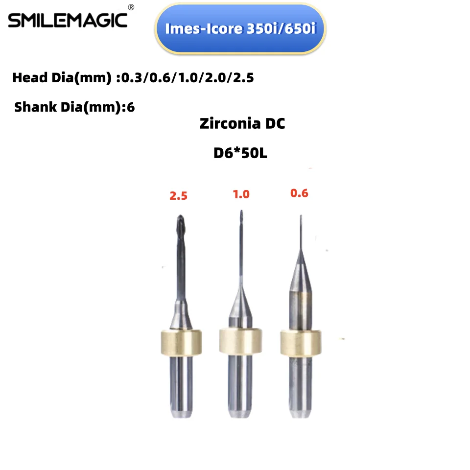 Imes Icore D6 350i 650i PMMA Milling Burs For Cad Caｍ PEEK Zirconia Shank D6 Milling Cutters For  Lab dentistry 0.6/1.0/2.5