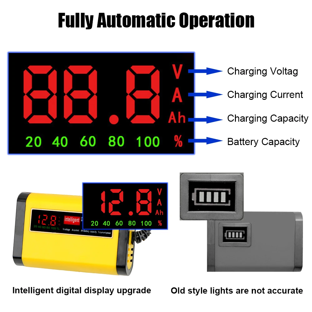 

Full Automatic Car Battery Charger Digital LCD Display 2A Fast Charging 3 Stages Lead Acid AGM GEL Battery-chargers