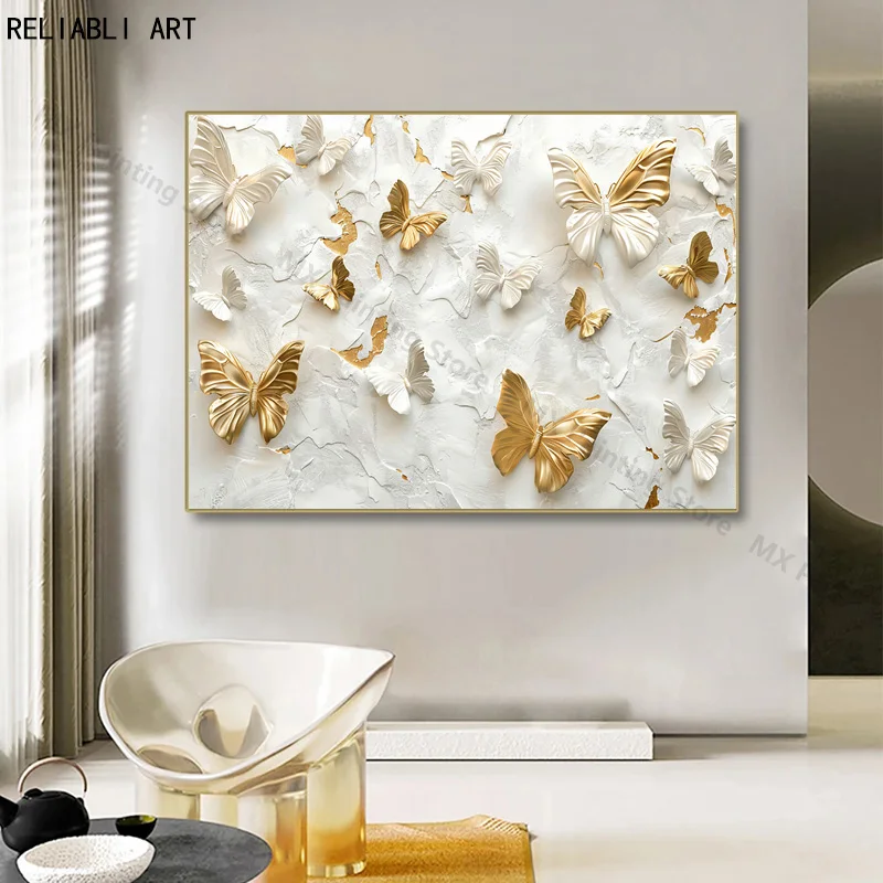 

Abstract Texture White And Goldren Butterfly Painting,Art Home Decor Wall Art,Modern Print Canvas Poster Room Decoration Gift,Un