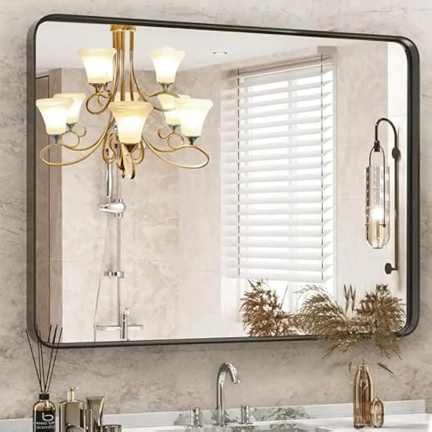 

Прямоугольное зеркало для ванной комнаты в черной металлической рамке, закаленное стекло 30x40 дюймов, горизонтальное или вертикальное крепление для декора фермерского дома