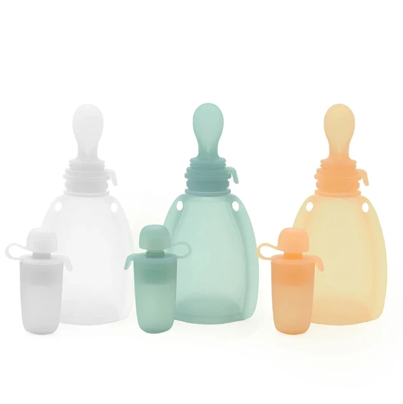 Silicone Yummy Pouch Squeeze Spoon Top Refillable Baby Food Container BPA Free Portable Juice Milk Storage Bags