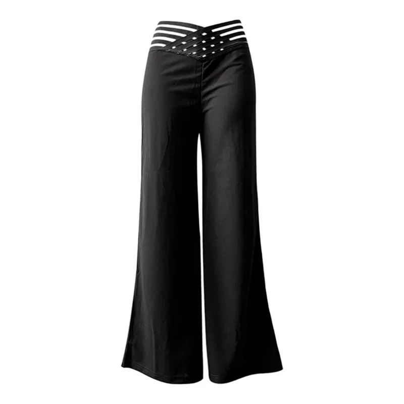 Wide Leg Flared Women Pants Autumn Casual Crisscross Sheer Mesh Patch High Waist Trousers Y2k Streetwear Elegant Work Pant