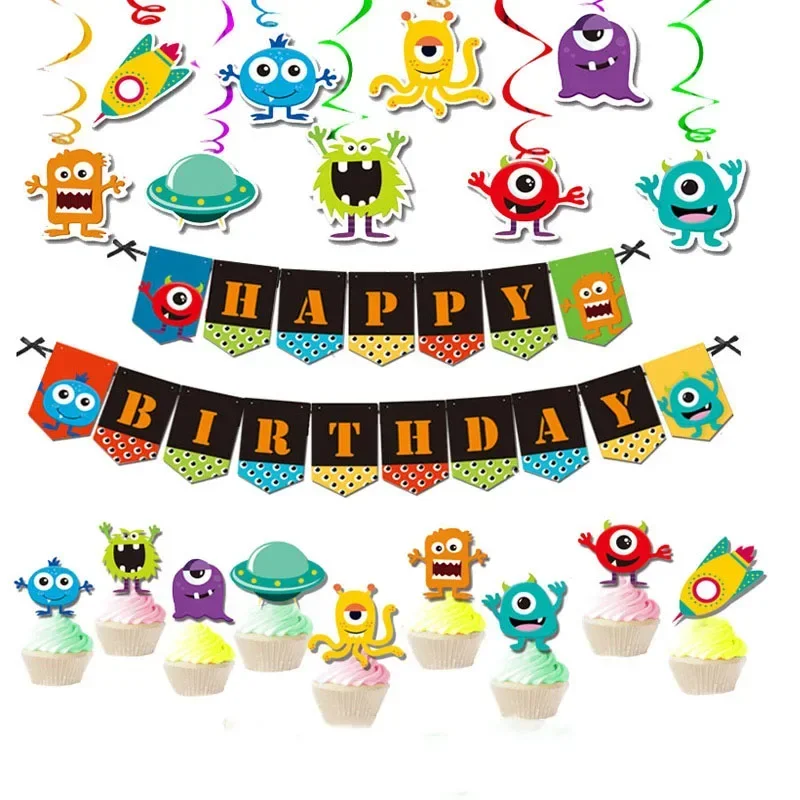 Décoration de fête à thème de monstre de dessin animé pour enfants, bannière d'anniversaire, décoration de gâteau, baby shower, Halloween