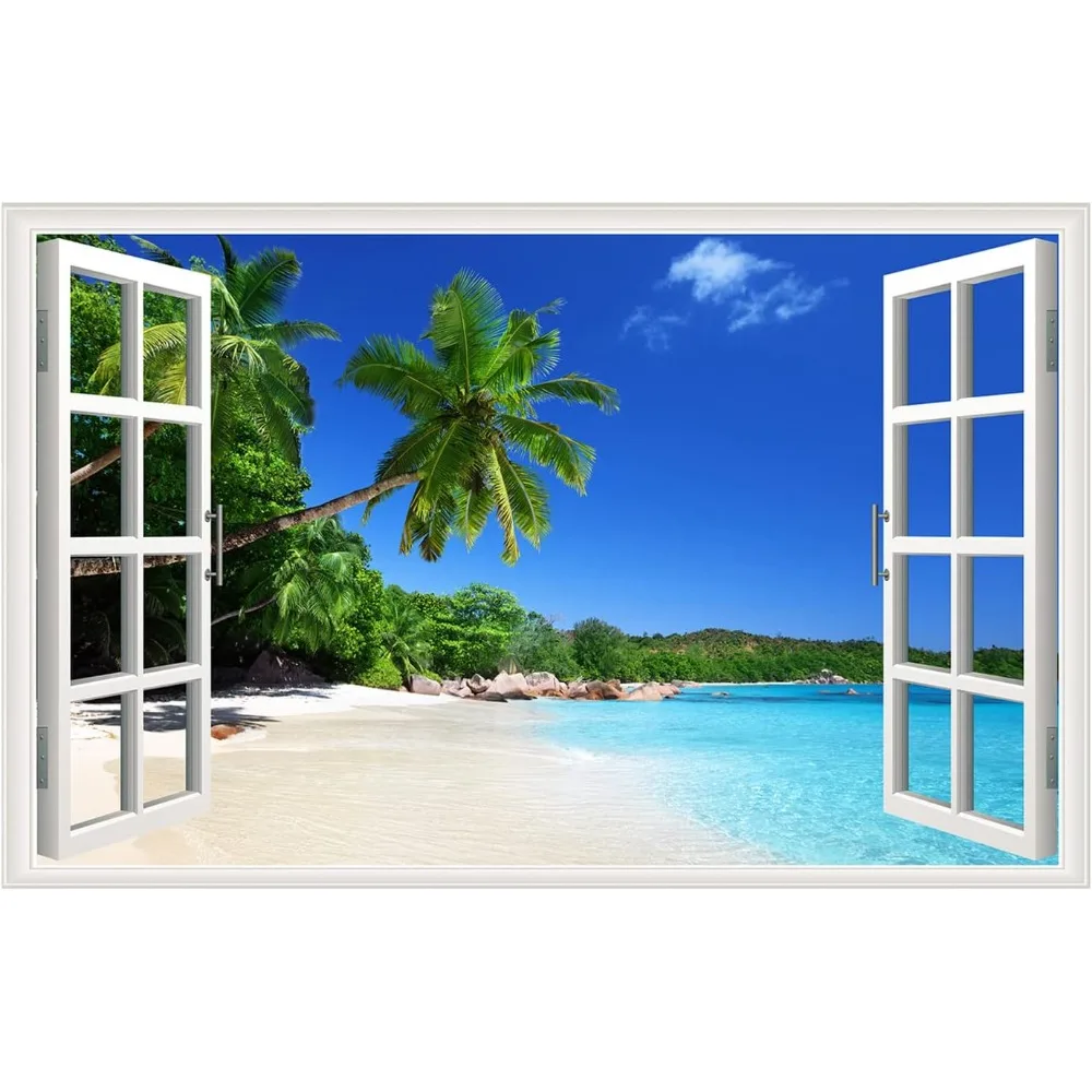 

3D Beach Fake Window Wall Stickers Tropical Island with Palm Trees Wall Mural Window View Wall Decor for Home